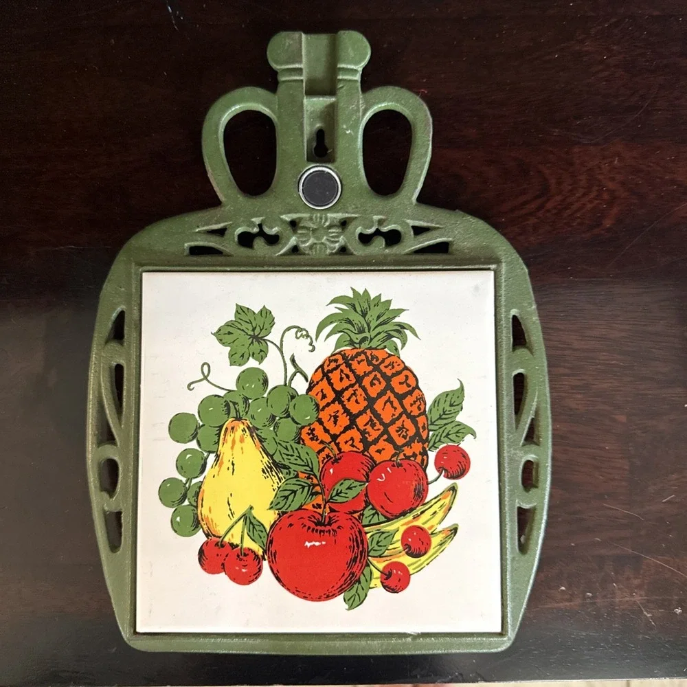 Vintage FM Japan Green Cast Iron & Tile Trivet w/Magnet Fruit Scene Used.